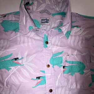 Party Pants Mens Small Lavender Crocodile Sunglasses Short Sleeve ButtonUp Shirt